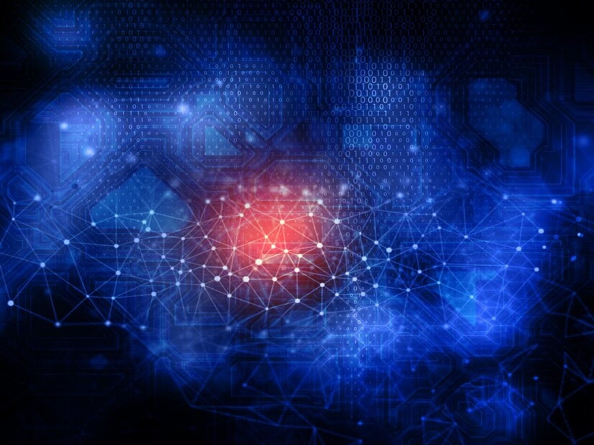 China DeepSeek Shocks the USA and ChatGPT 1 Digital network with interconnected nodes, binary code background, and a red central node. Blue tones dominate the image, reminiscent of a China DeepSeek interface.