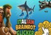 A cartoon shark wearing blue sneakers is surrounded by quirky animals and objects, capturing the playful chaos of italian brainrot, with the text "Italian Brainrot Clicker" in bold colorful letters.