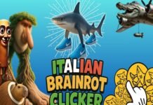 A cartoon shark wearing blue sneakers is surrounded by quirky animals and objects, capturing the playful chaos of italian brainrot, with the text "Italian Brainrot Clicker" in bold colorful letters.