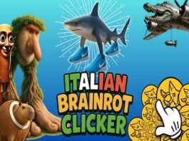 A cartoon shark wearing blue sneakers is surrounded by quirky animals and objects, capturing the playful chaos of italian brainrot, with the text "Italian Brainrot Clicker" in bold colorful letters.