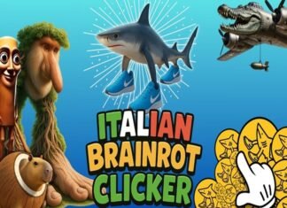 A cartoon shark wearing blue sneakers is surrounded by quirky animals and objects, capturing the playful chaos of italian brainrot, with the text "Italian Brainrot Clicker" in bold colorful letters.