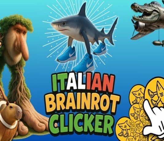 A cartoon shark wearing blue sneakers is surrounded by quirky animals and objects, capturing the playful chaos of italian brainrot, with the text "Italian Brainrot Clicker" in bold colorful letters.