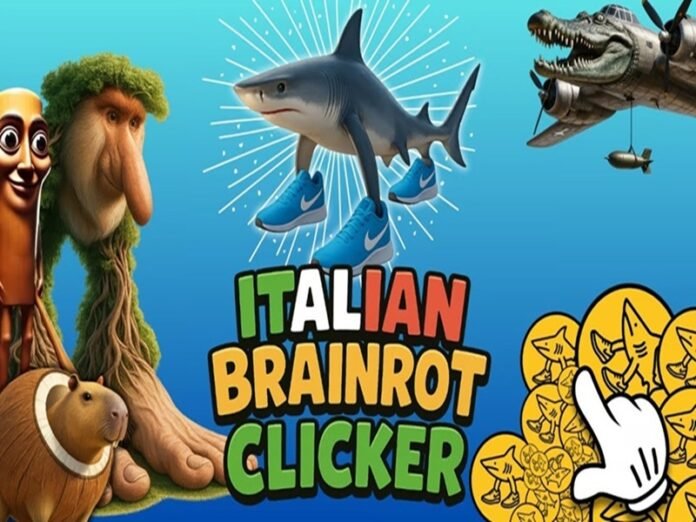 A cartoon shark wearing blue sneakers is surrounded by quirky animals and objects, capturing the playful chaos of italian brainrot, with the text A cartoon shark wearing blue sneakers is surrounded by quirky animals and objects, capturing the playful chaos of italian brainrot, with the text