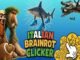 A cartoon shark wearing blue sneakers is surrounded by quirky animals and objects, capturing the playful chaos of italian brainrot, with the text "Italian Brainrot Clicker" in bold colorful letters.