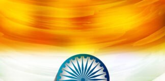Abstract painting of the Indian flag with saffron, white, and green horizontal stripes and a blue Ashoka Chakra (sudarshan chakra) in the center.
