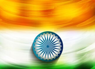 Abstract painting of the Indian flag with saffron, white, and green horizontal stripes and a blue Ashoka Chakra (sudarshan chakra) in the center.