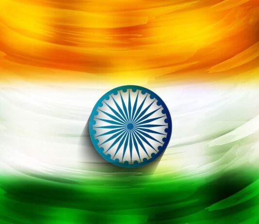 Abstract painting of the Indian flag with saffron, white, and green horizontal stripes and a blue Ashoka Chakra (sudarshan chakra) in the center.