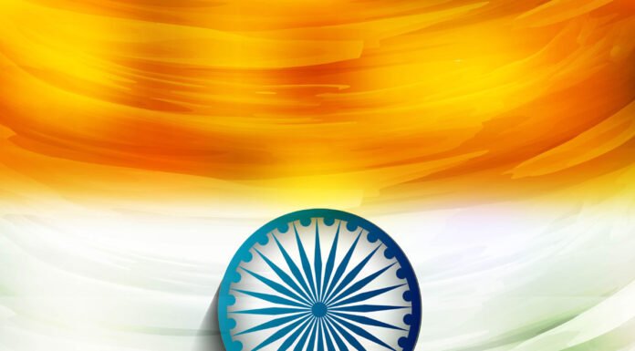 Abstract painting of the Indian flag with saffron, white, and green horizontal stripes and a blue Ashoka Chakra (sudarshan chakra) in the center.
