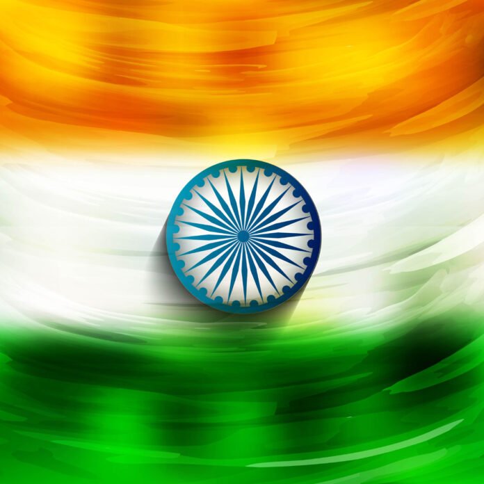 Abstract painting of the Indian flag with saffron, white, and green horizontal stripes and a blue Ashoka Chakra in the center. Abstract painting of the Indian flag with saffron, white, and green horizontal stripes and a blue Ashoka Chakra (sudarshan chakra) in the center.