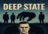 Illustration of a serious man in a suit and red tie emerging from a hole, with a large hand above him and three shadowy figures in the background under the text "DEEP STATE.