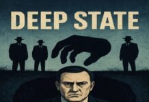 Illustration of a serious man in a suit and red tie emerging from a hole, with a large hand above him and three shadowy figures in the background under the text "DEEP STATE.