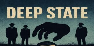 Illustration of a serious man in a suit and red tie emerging from a hole, with a large hand above him and three shadowy figures in the background under the text "DEEP STATE.