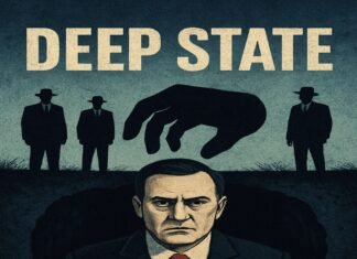 The Deep State and Political Conspiracy in Indian Politics Illustration of a serious man in a suit and red tie emerging from a hole, with a large hand above him and three shadowy figures in the background under the text "DEEP STATE.