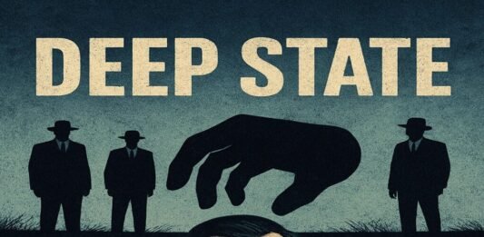 Illustration of a serious man in a suit and red tie emerging from a hole, with a large hand above him and three shadowy figures in the background under the text "DEEP STATE.