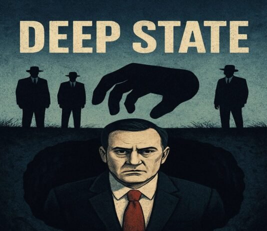 Illustration of a serious man in a suit and red tie emerging from a hole, with a large hand above him and three shadowy figures in the background under the text "DEEP STATE.