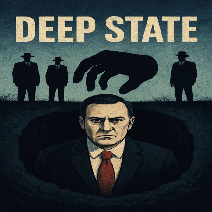 Illustration of a serious man in a suit and red tie emerging from a hole, with a large hand above him and three shadowy figures in the background under the text Illustration of a serious man in a suit and red tie emerging from a hole, with a large hand above him and three shadowy figures in the background under the text