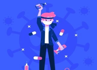 Medical Mafia: The Rising Fear in Indian Healthcare Illustration of a masked person holding a vaccine vial, surrounded by pills, a syringe, a medical kit, and virus symbols in the background—highlighting challenges faced by Indian patients within the Indian healthcare system and medical mafia